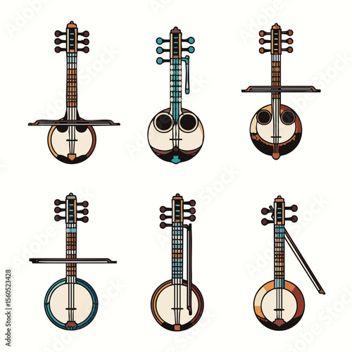 Detailed Cartoonish Stringed Banjo Musical Instrument Group Variety Different Type Set