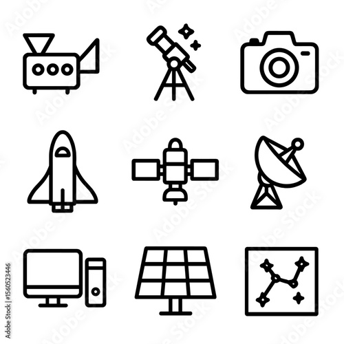 Astronomical Instruments Icons. Solid, filled icon set of Astronomical instruments: spectrometer, star tracker, camera, space