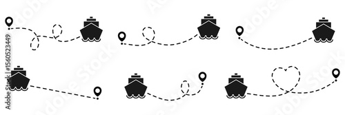 Ship routes with dotted line collection. Ships path with start point. Travel concept. Vector illustration isolated on white.	