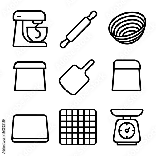 Bakery Tools Icons. Outline icon set of bakery tools: dough mixer, rolling pin, proofing basket, bench scraper, oven peel, dough