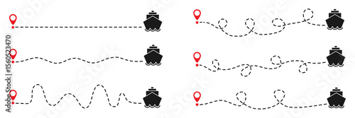 Ship routes with dotted line collection. Ships path with red start point. Travel concept. Vector illustration isolated on white.	