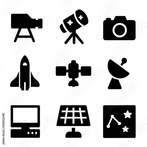 Astronomical Instruments Icons. Solid, filled icon set of Astronomical instruments: spectrometer, star tracker, camera, space