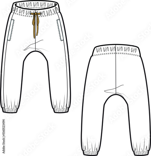 Full-length sweatpants featuring a detailed stitch design along the hem, perfect for a comfortable and stylish casual look. vector flat drawing. cad. 