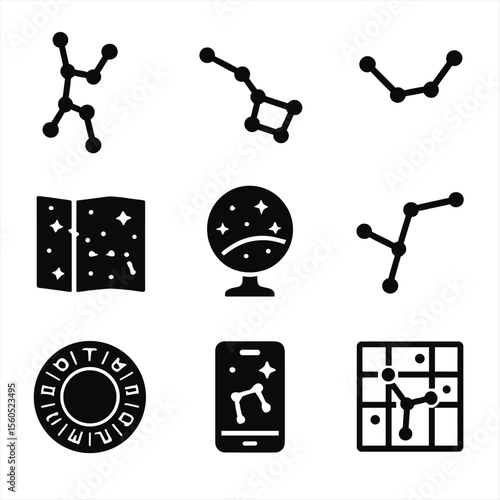 Astronomy Icon Set. Solid, filled icon set of astronomy and constellations: Orion, Big Dipper, Cassiopeia, star map, celestial