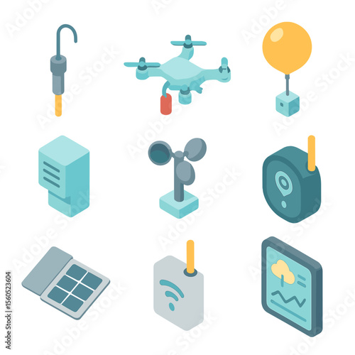 Atmospheric Drones Icon Set. Isometric Flat icon set of atmospheric sampling drones: gas sampling probe, high-altitude drone body,
