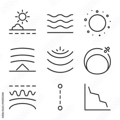 Atmospheric Layers Icons. Outline icon set of atmospheric layers depiction: troposphere boundary, stratosphere band, ozone layer