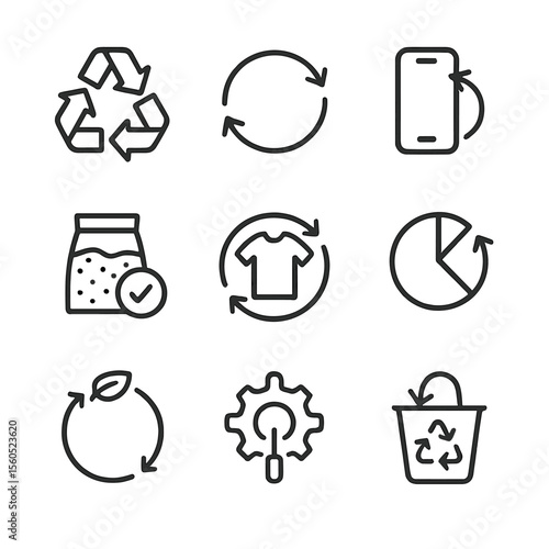 Circular Economy Icons. Outline icon set of circular economy: recycle arrows, closed-loop icon, refurbished product, material
