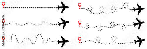Airplane routes with dotted line collection. Flying planes with red start point. Travel concept. Vector illustration isolated on white.