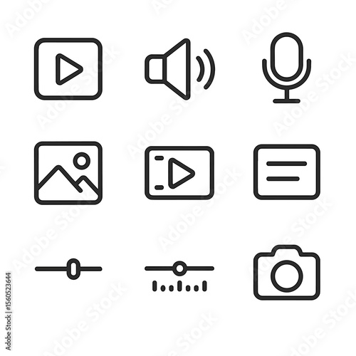 Audiovisual Quiz Icons. Outline icon set of audiovisual quiz elements: video play button, audio speaker, microphone icon, image