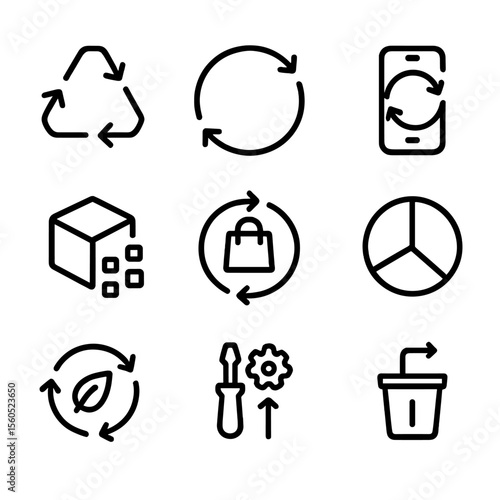 Circular Economy Icons. Outline icon set of circular economy: recycle arrows, closed-loop icon, refurbished product, material