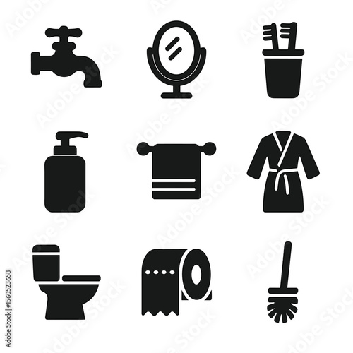 Bathroom Icon Set. Solid, filled icon set of bathroom routine: faucet, mirror, toothbrush holder, soap dispenser, towel rack,