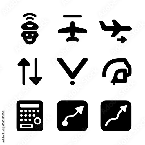 Autopilot Icons Grid. Solid, filled icon set of autopilot and automation: autopilot engage, altitude hold, heading lock, vertical