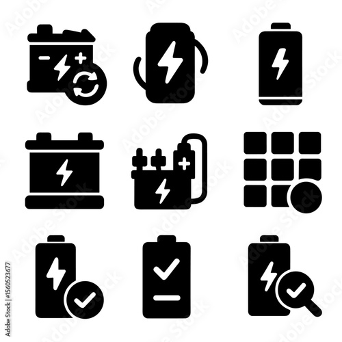 Battery Reuse Icons. Solid, filled icon set of battery reuse and repurpose: refurbished battery, power pack reuse, upcycled