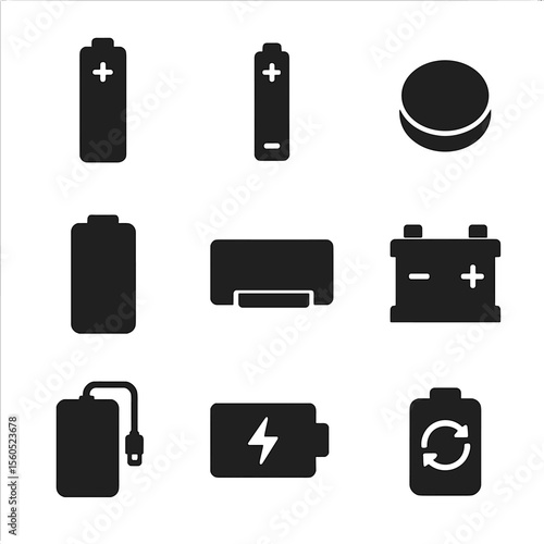 Battery Icons Grid. Solid, filled icon set of battery types: AA battery, AAA battery, button cell, phone battery, laptop battery,