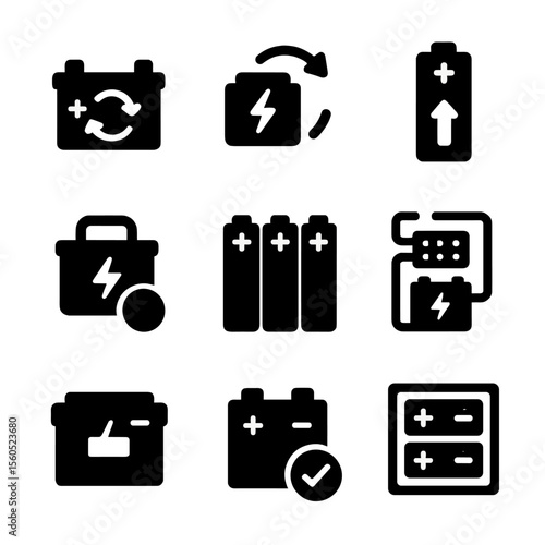 Battery Reuse Icons. Solid, filled icon set of battery reuse and repurpose: refurbished battery, power pack reuse, upcycled