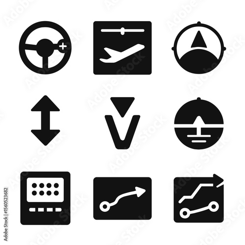 Autopilot Icons Grid. Solid, filled icon set of autopilot and automation: autopilot engage, altitude hold, heading lock, vertical