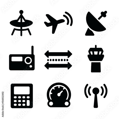 Aviation Communication Icons. Solid, filled icon set of communication and navigation systems: VOR antenna, ADS-B icon, HF radio,