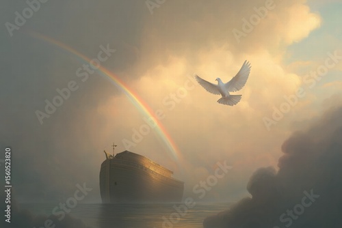 Noah's Ark in Single Sunbeam at Dawn, White Dove with Olive Branch Flying to Storm Center, Distant Rainbow Misty Atmosphere, Minimalist Symbolism Muted Golden Digital Art
