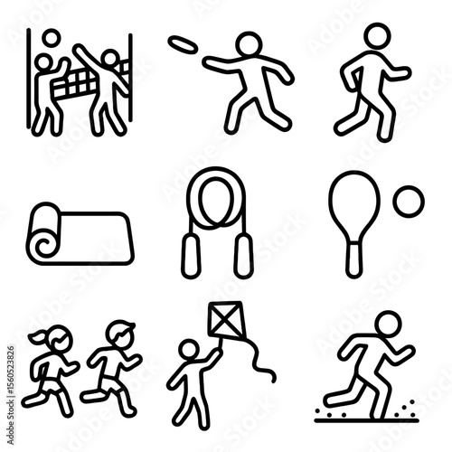 Beach Fitness Icons. Outline icon set of beach fitness and play: beach volleyball, frisbee, jogger silhouette, yoga mat, skipping