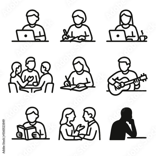 Coffeehouse Icon Set. Outline icon set of Coffeehouse Patrons: student with laptop, writer with notebook, remote worker, group