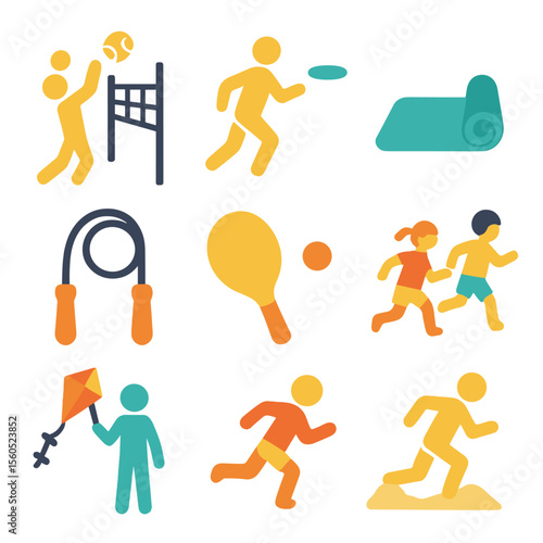 Beach Fitness Icons. Flat icon set of beach fitness and play: beach volleyball, frisbee, jogger silhouette, yoga mat, skipping
