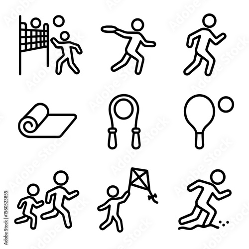 Beach Fitness Icons. Outline icon set of beach fitness and play: beach volleyball, frisbee, jogger silhouette, yoga mat, skipping