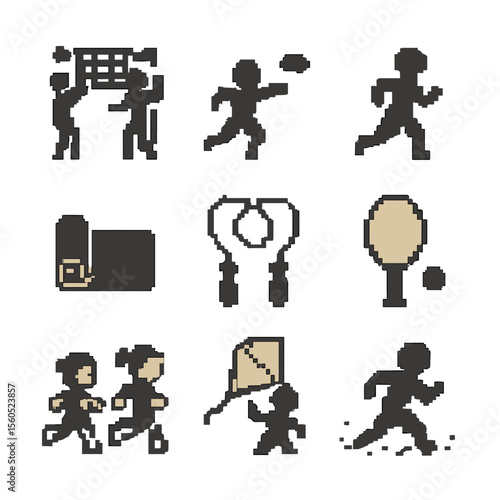 Beach Fitness Icons. Pixel art icon set of beach fitness and play: beach volleyball, frisbee, jogger silhouette, yoga mat,
