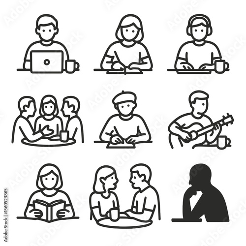 Coffeehouse Icon Set. Outline icon set of Coffeehouse Patrons: student with laptop, writer with notebook, remote worker, group