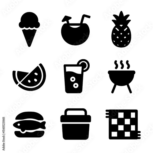 Beach Food Icons. Solid, filled icon set of Beach food and drink: ice cream cone, coconut drink, pineapple, watermelon slice,