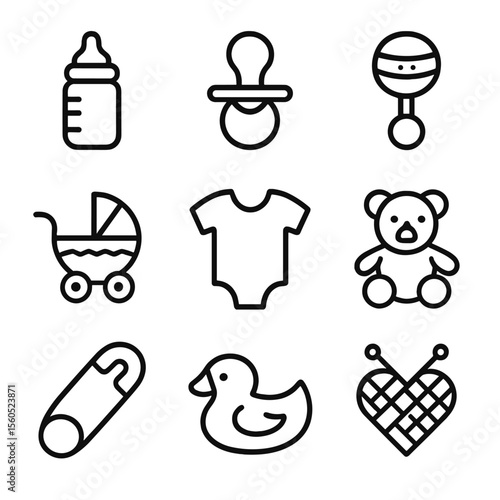 Baby Shower Icons. Outline icon set of Baby Shower Bunting: baby bottle, pacifier, rattle, baby carriage, onesie, teddy bear,