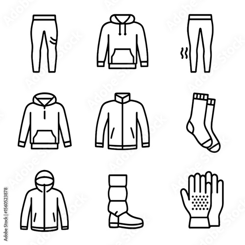 Cold-Weather Activewear Icons. Outline icon set of cold-weather activewear: insulated running tights, moisture-wicking base layer,