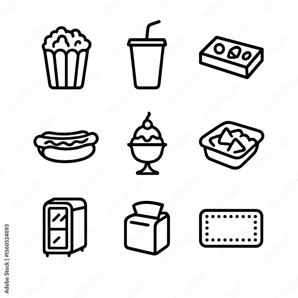 1950s Concession Icons. Outline icon set of 1950s Concession Stand Treats: popcorn bucket, soda cup with straw, candy box, hot dog 1950s Concession Icons. Outline icon set of 1950s Concession Stand Treats: popcorn bucket, soda cup with straw, candy box, hot dog