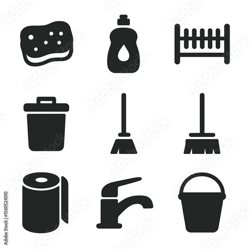 Baking Cleanup Icons. Solid, filled icon set of baking cleanup tools: sponge, dish soap bottle, drying rack, trash bin, broom, mop