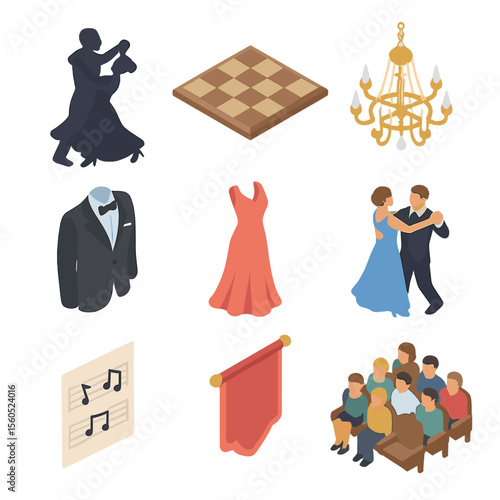 Ballroom Dance Icon Set. Isometric Flat icon set of ballroom dance group: waltzing couple silhouette, ballroom dance floor,