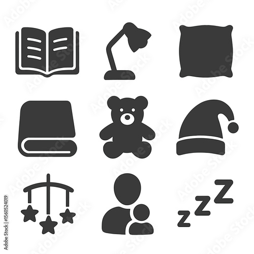 Bedtime Story Icons. Flat icon set of bedtime story routines: open book, reading lamp, pillow, blanket, teddy bear, nightcap, star