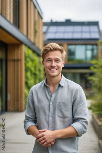 Free Download A young man with blond hair smiles directly at the camera, standing in front of a modern building with greenery and solar panels. - GFXLoad