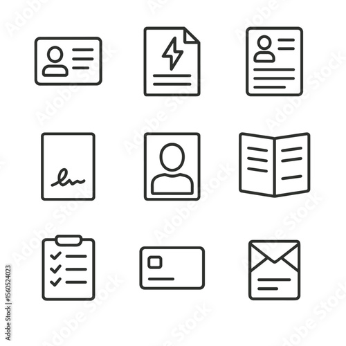 Bank Document Icon Set. Outline icon set of bank account opening documents: ID card copy, utility bill proof, filled application
