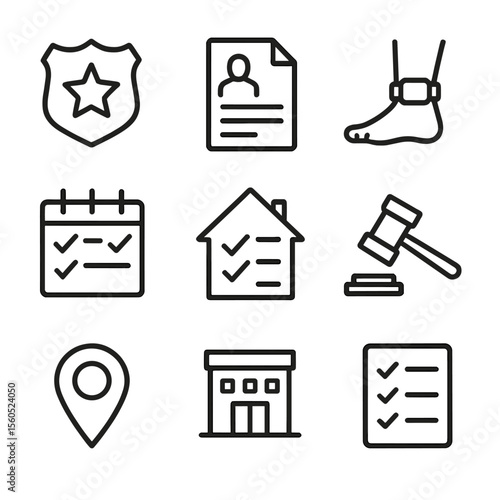 Community Supervision Icons. Outline icon set of community supervision and parole: parole officer badge, parole agreement document