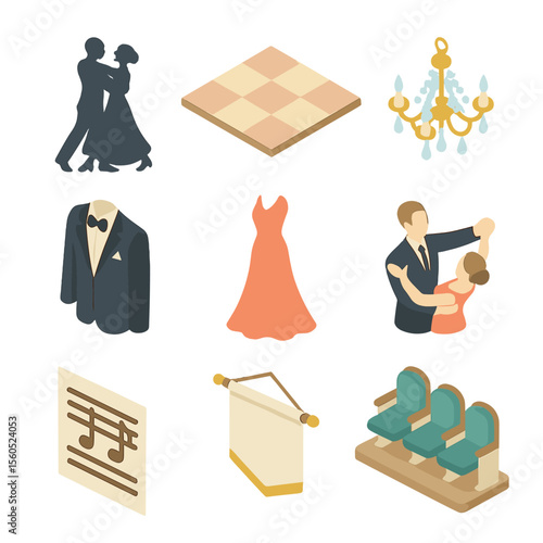 Ballroom Dance Icon Set. Isometric Flat icon set of ballroom dance group: waltzing couple silhouette, ballroom dance floor,
