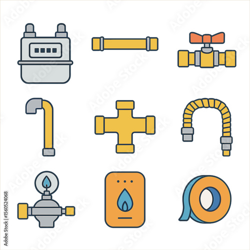 Basement Gas Pipe Icons. Isometric Flat icon set of basement gas piping network: gas meter, gas main line, gas shutoff valve, gas