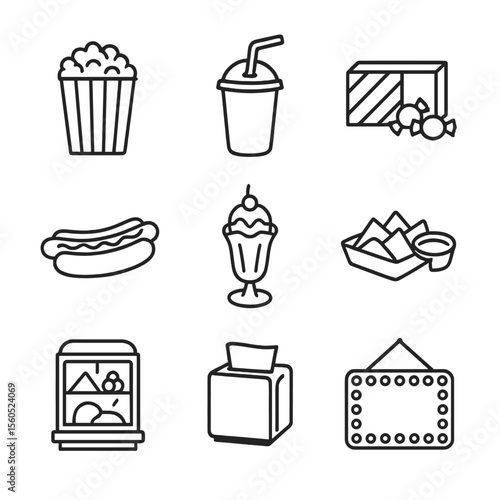 1950s Concession Icons. Outline icon set of 1950s Concession Stand Treats: popcorn bucket, soda cup with straw, candy box, hot dog