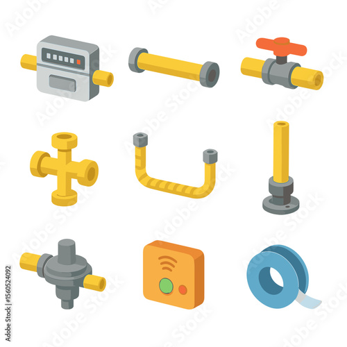 Basement Gas Pipe Icons. Isometric Flat icon set of basement gas piping network: gas meter, gas main line, gas shutoff valve, gas