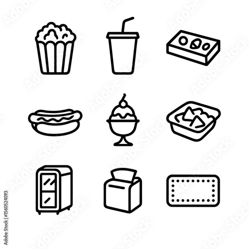 1950s Concession Icons. Outline icon set of 1950s Concession Stand Treats: popcorn bucket, soda cup with straw, candy box, hot dog