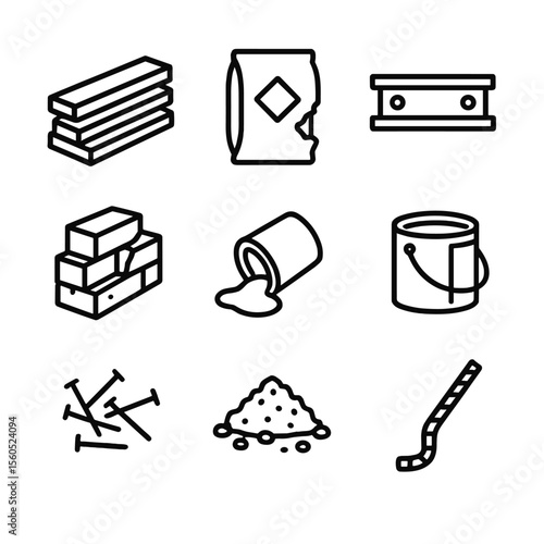 Construction Site Icons. Outline icon set of Construction Site Leftovers: wood plank pile, cement bag tear, metal scaffold beam,