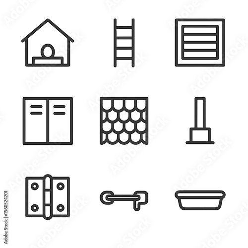 Coop Design Icons. Outline icon set of coop design elements: nesting box, roosting ladder, ventilation vent, window shutter, roof