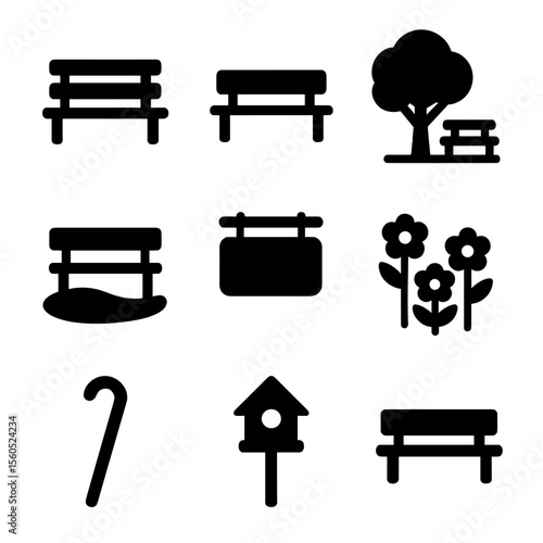 Bench Icon Set. Solid, filled icon set of bench settings: garden bench, bench with backrest, bench without backrest, bench under