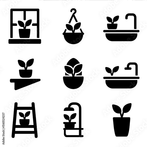Bathroom Plant Icons. Solid, filled icon set of bathroom plant placement ideas: windowsill, hanging basket, countertop pot, corner