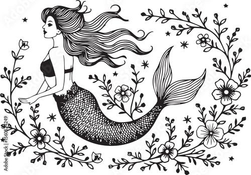 Monochromeetic vector art of mermaid realistic drawing. cute pencil patriotic design
