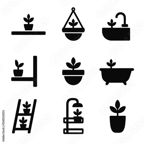 Bathroom Plant Icons. Solid, filled icon set of bathroom plant placement ideas: windowsill, hanging basket, countertop pot, corner