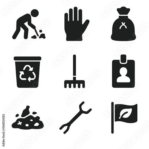 Beach Cleanup Icons. Solid, filled icon set of beach clean-up actions: trash pick-up, glove hand, litter bag, recycle sorting,